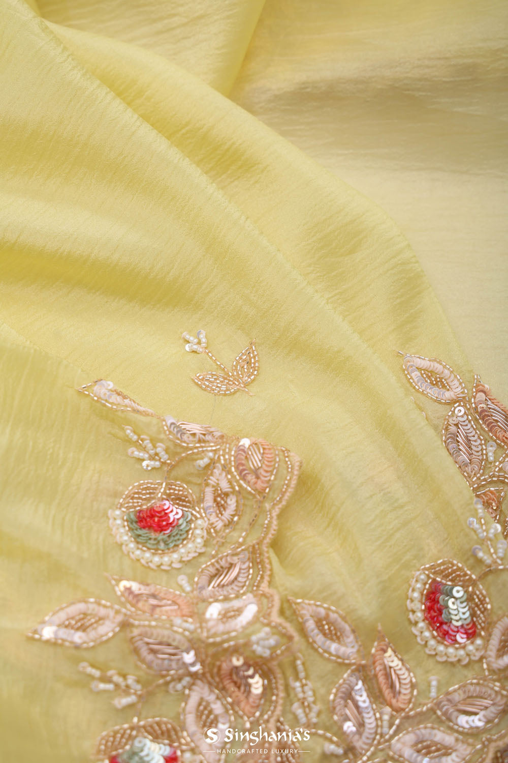 Lemon Yellow Crafted Tissue Saree