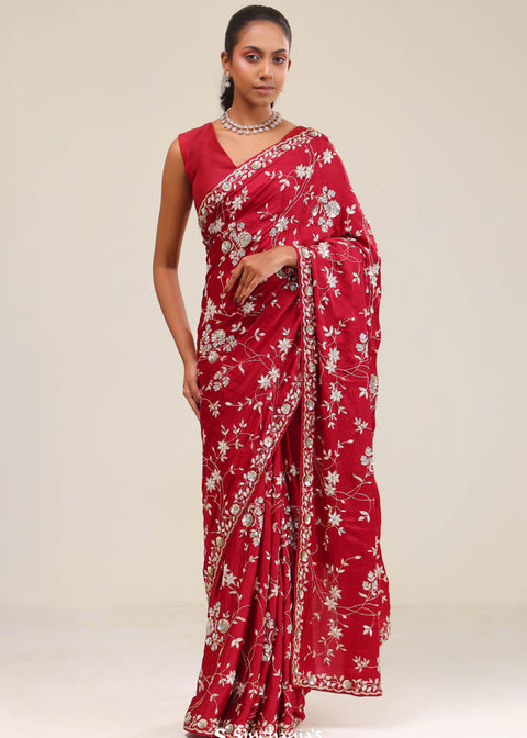 <img> Chilli Red Silk Crafted Saree