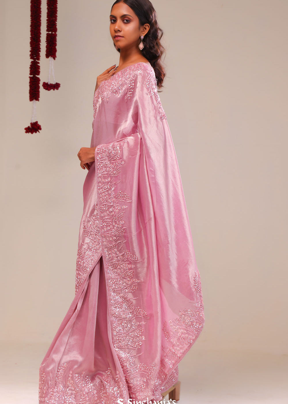 Valentine Pink Tissue Handcrafted Saree