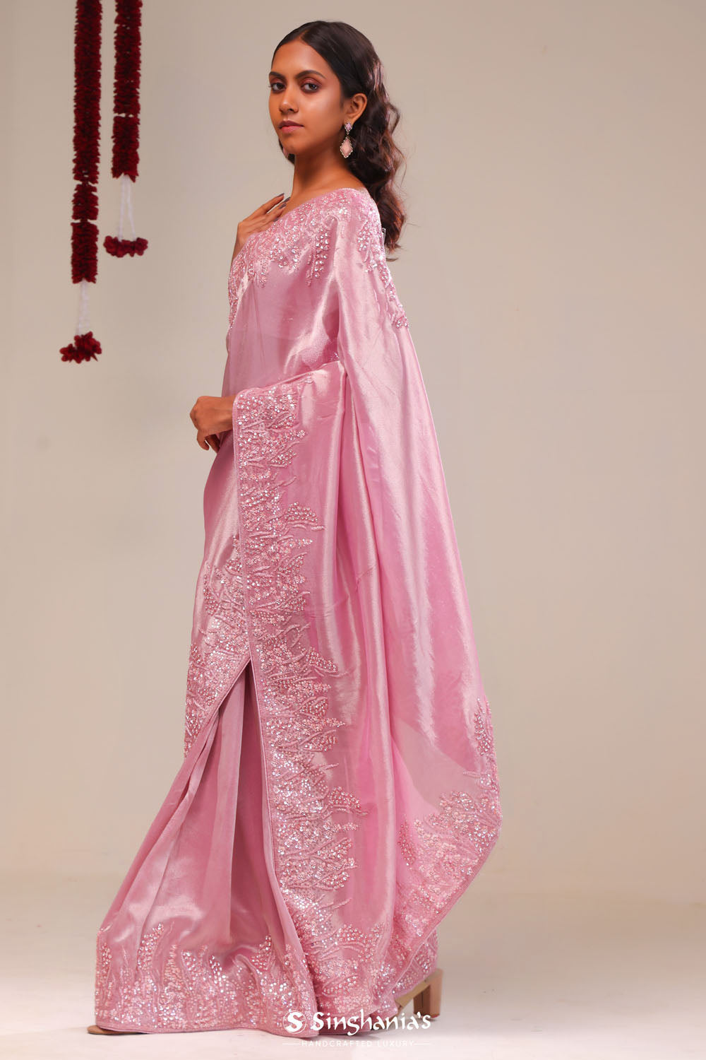 Valentine Pink Tissue Handcrafted Saree