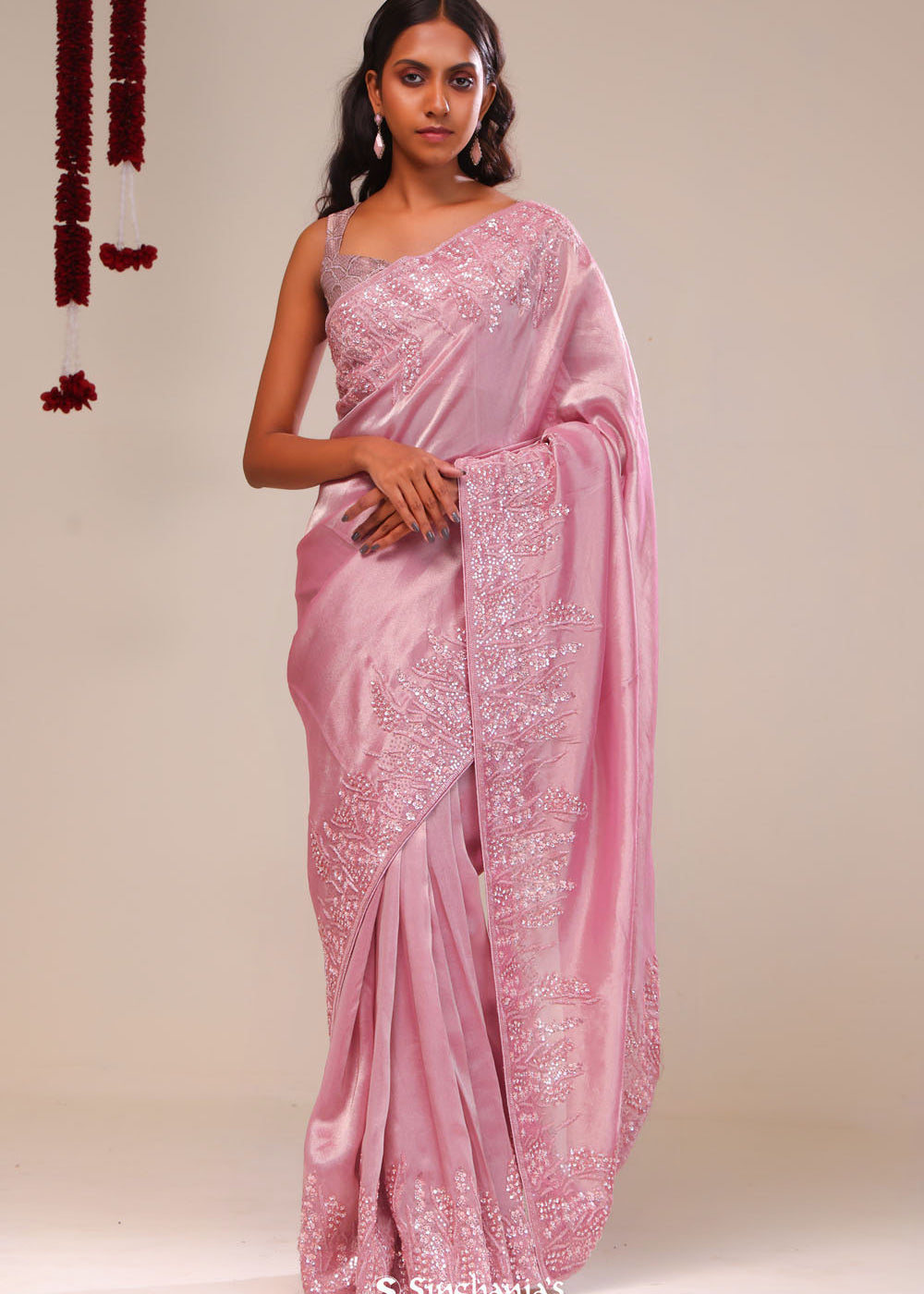  <img> Valentine Pink Tissue Handcrafted Saree