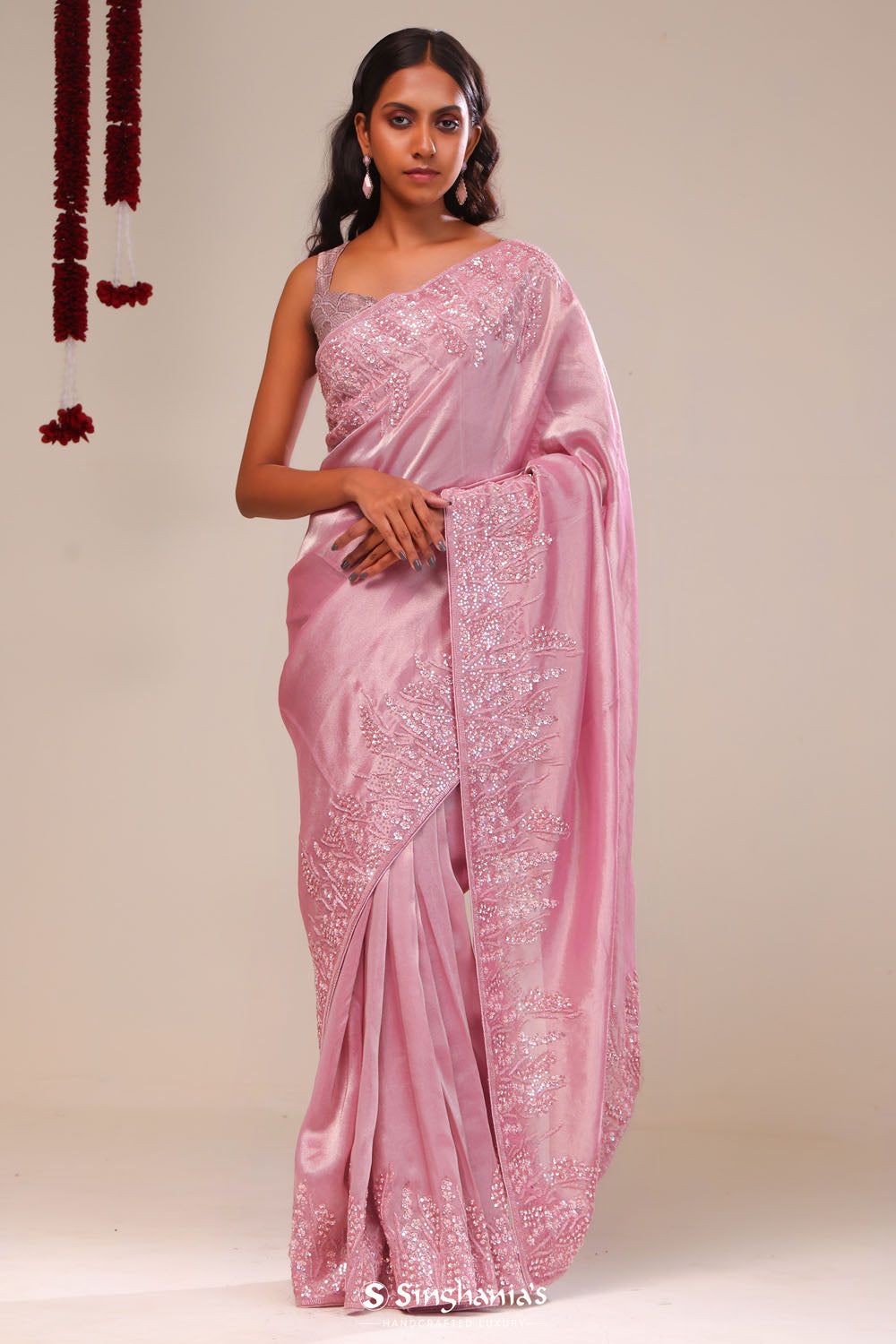 Valentine Pink Tissue Handcrafted Saree