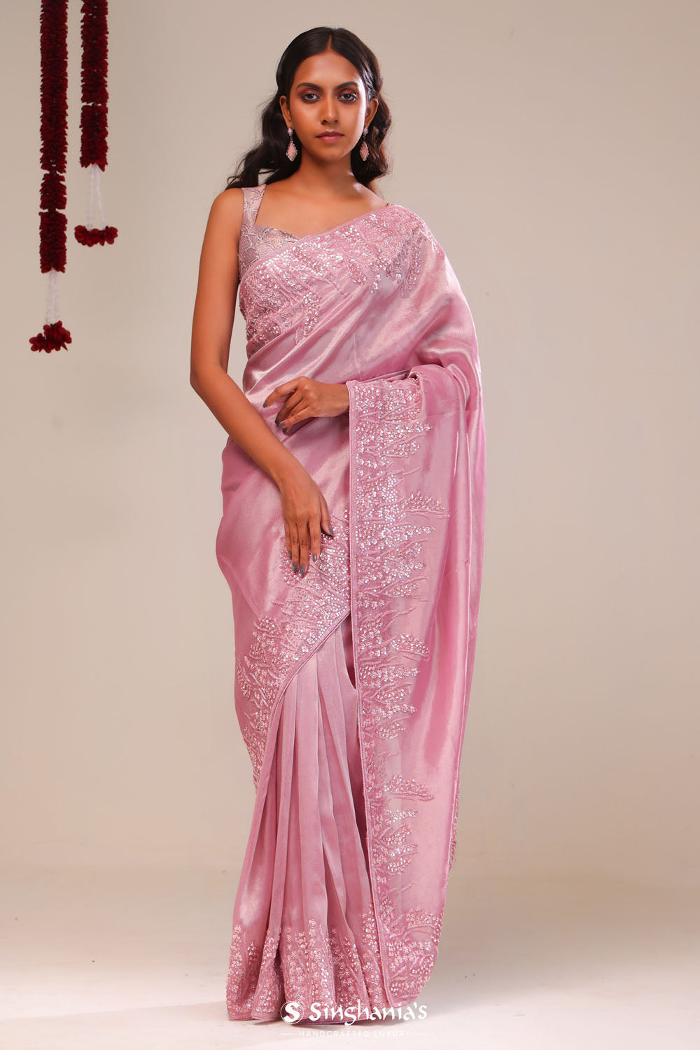 Valentine Pink Tissue Handcrafted Saree