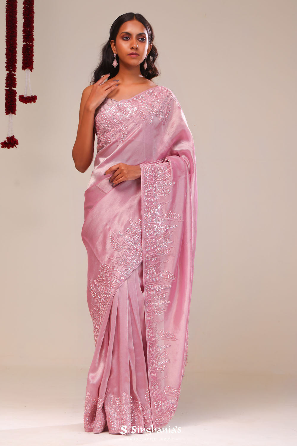 Valentine Pink Tissue Handcrafted Saree