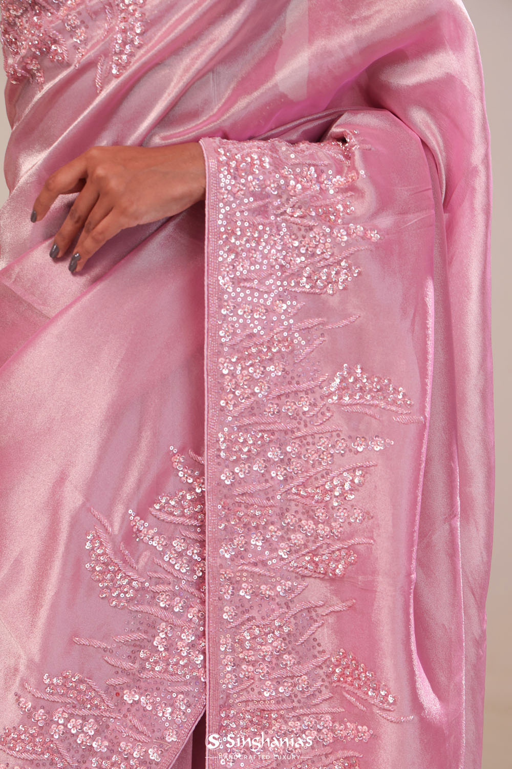 Valentine Pink Tissue Handcrafted Saree