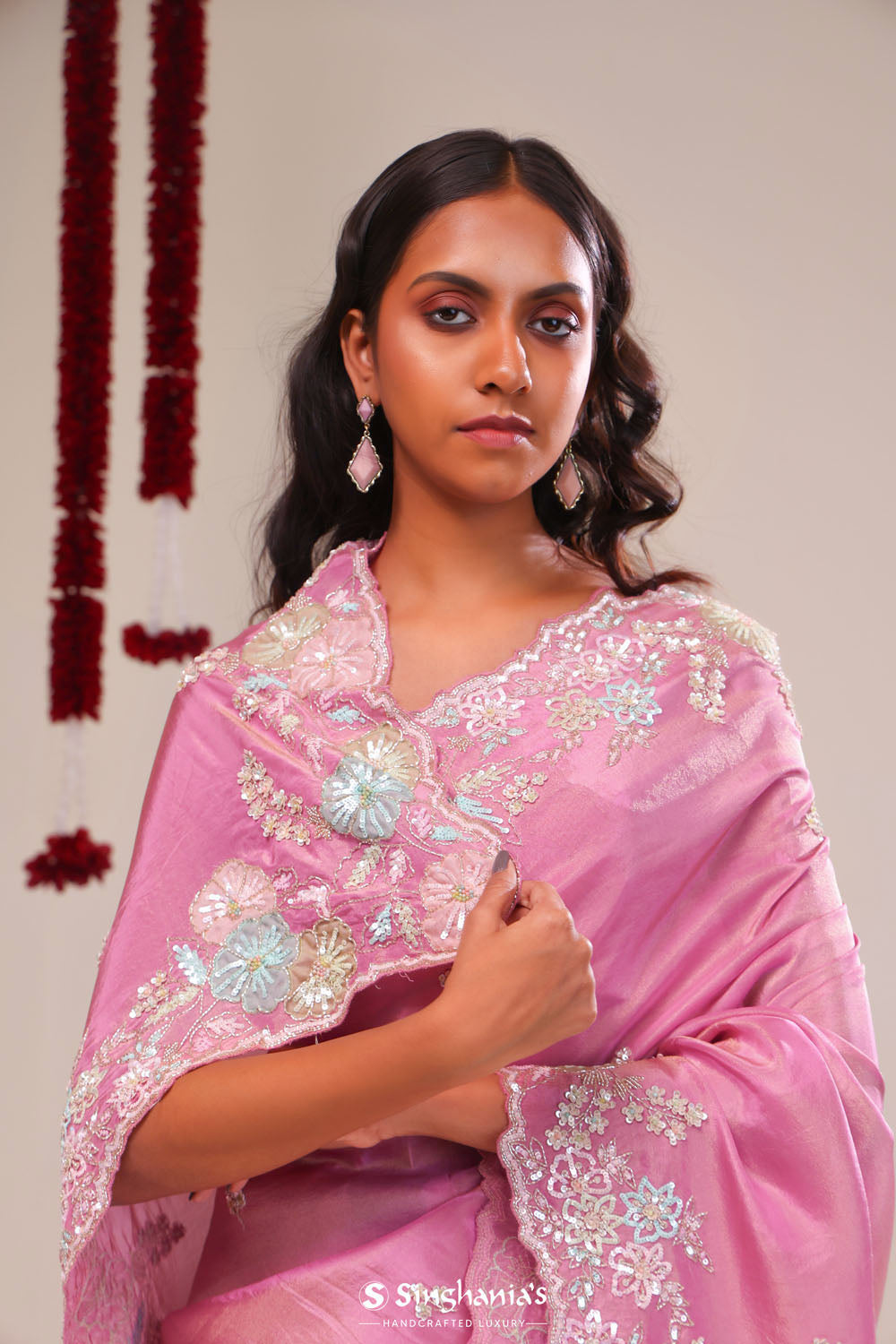 Raspberry Rose Tissue Handcrafted Saree