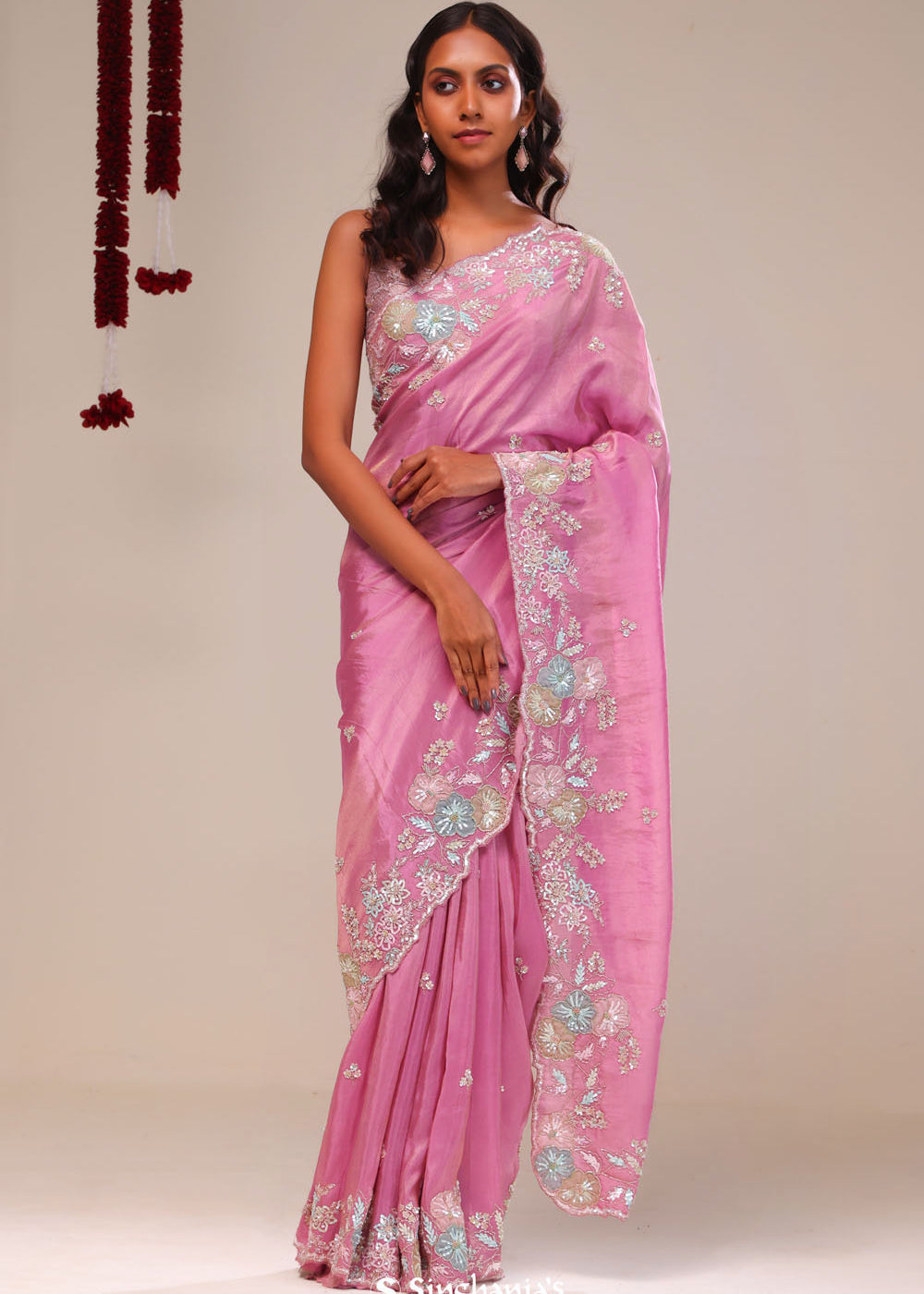 Raspberry Rose Tissue Handcrafted Saree