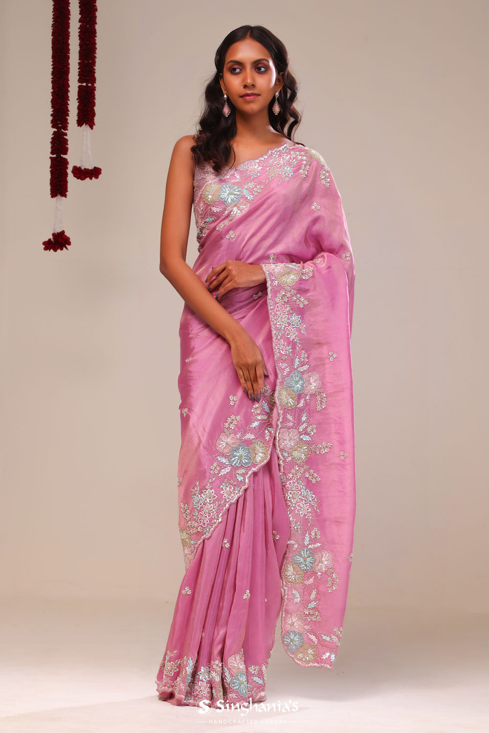 Raspberry Rose Tissue Handcrafted Saree