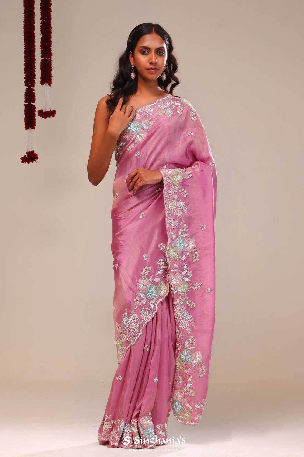 Raspberry Rose Tissue Handcrafted Saree