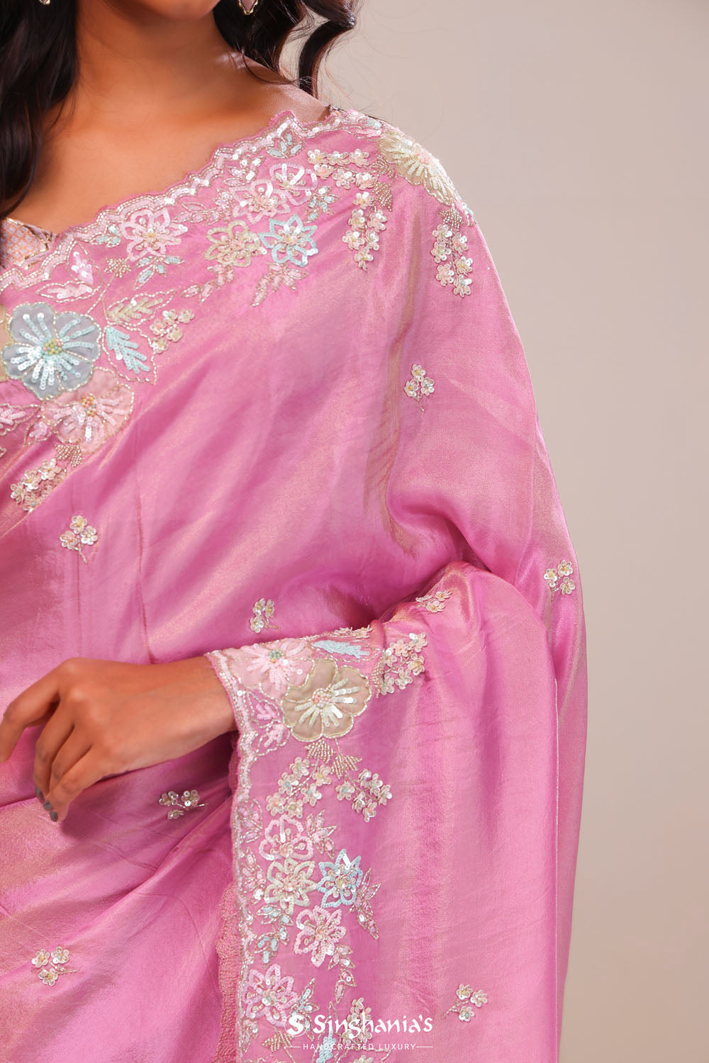 Raspberry Rose Tissue Handcrafted Saree