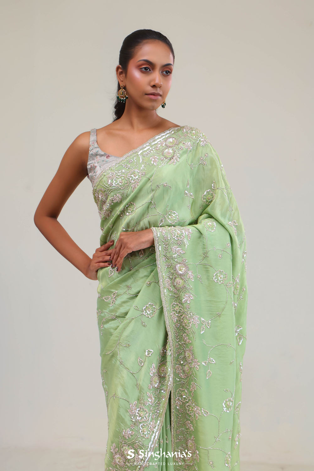 Tea Green Tissue Saree With Embroidery Detail