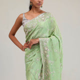 Tea Green Tissue Saree With Embroidery Detail