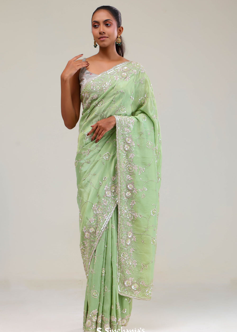 Tea Green Tissue Saree With Embroidery Detail