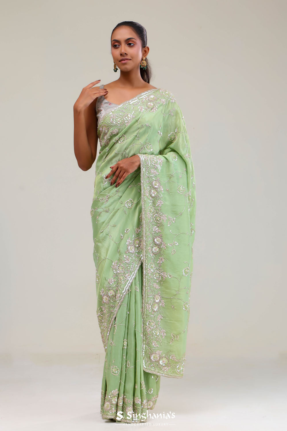 Tea Green Tissue Saree With Embroidery Detail
