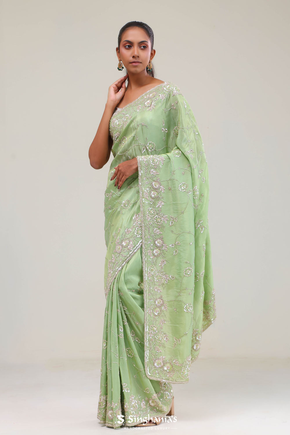 Tea Green Tissue Saree With Embroidery Detail