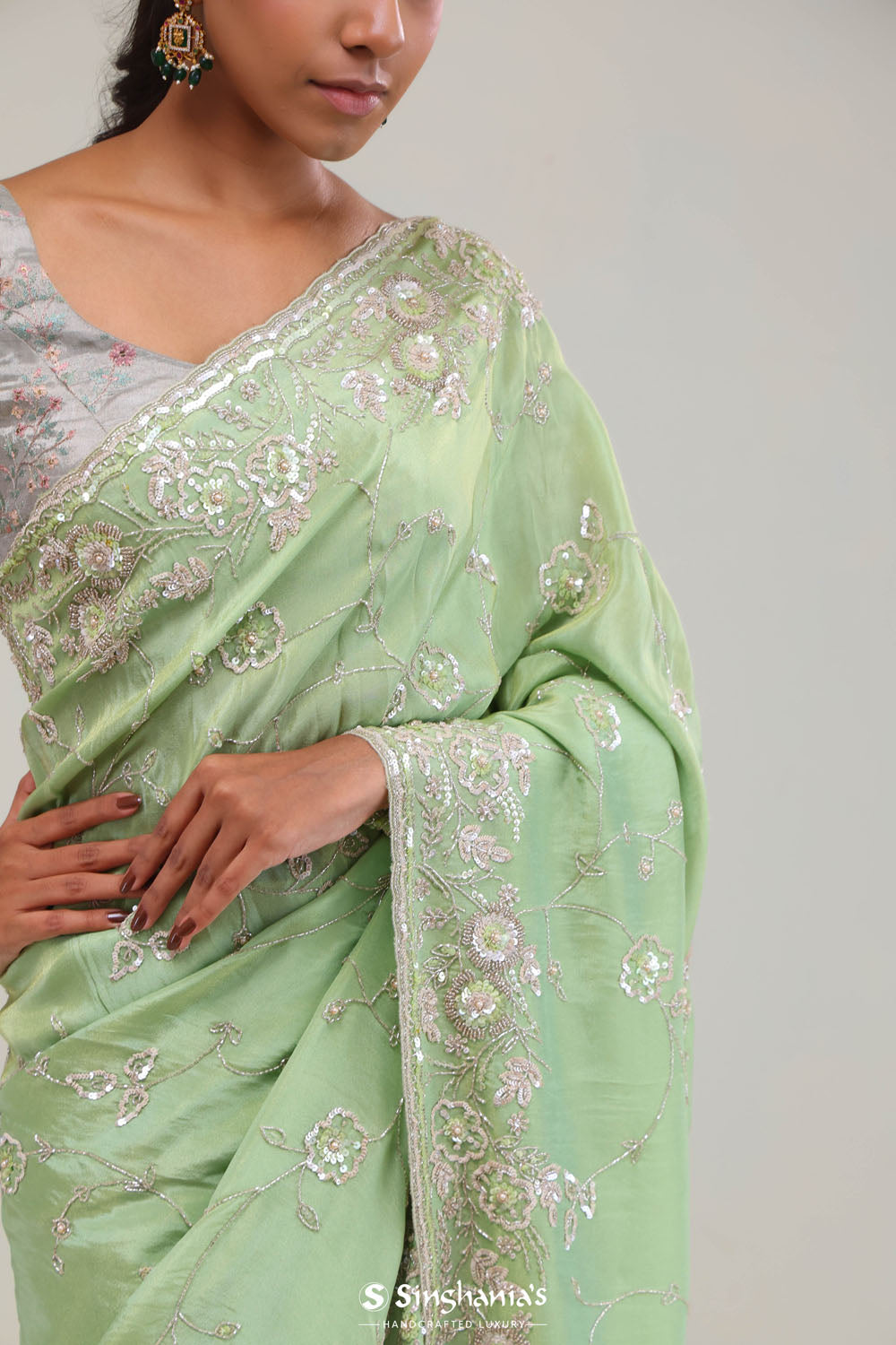 Tea Green Tissue Saree With Embroidery Detail