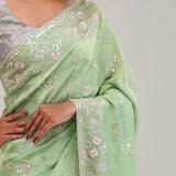 Tea Green Tissue Saree With Embroidery Detail