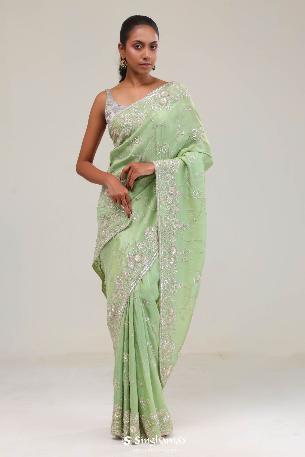 Tea Green Tissue Saree With Embroidery Detail