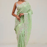 Tea Green Tissue Saree With Embroidery Detail