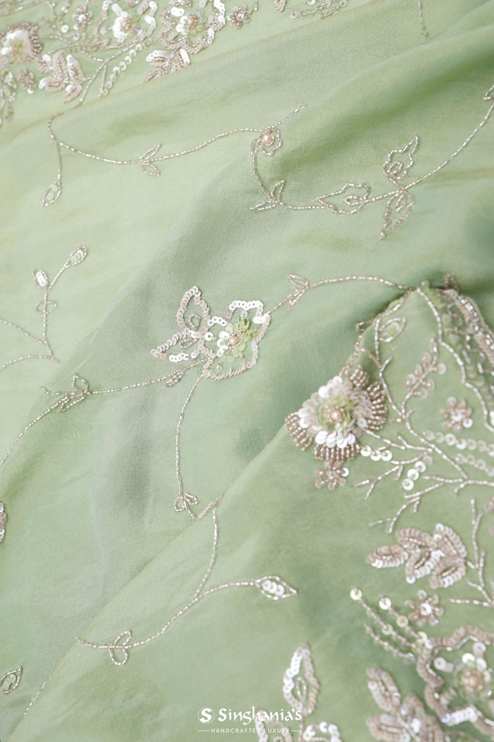 Tea Green Tissue Saree With Embroidery Detail