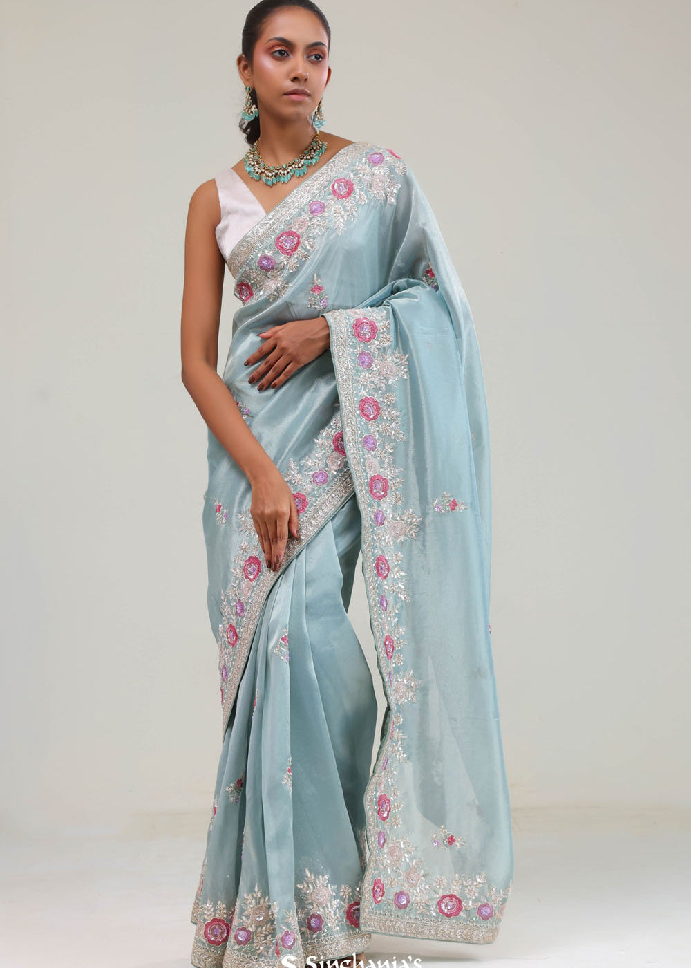 Powder Blue Tissue Saree With Embroidery Border
