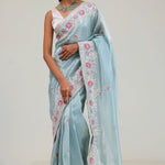 Powder Blue Tissue Saree With Embroidery Border