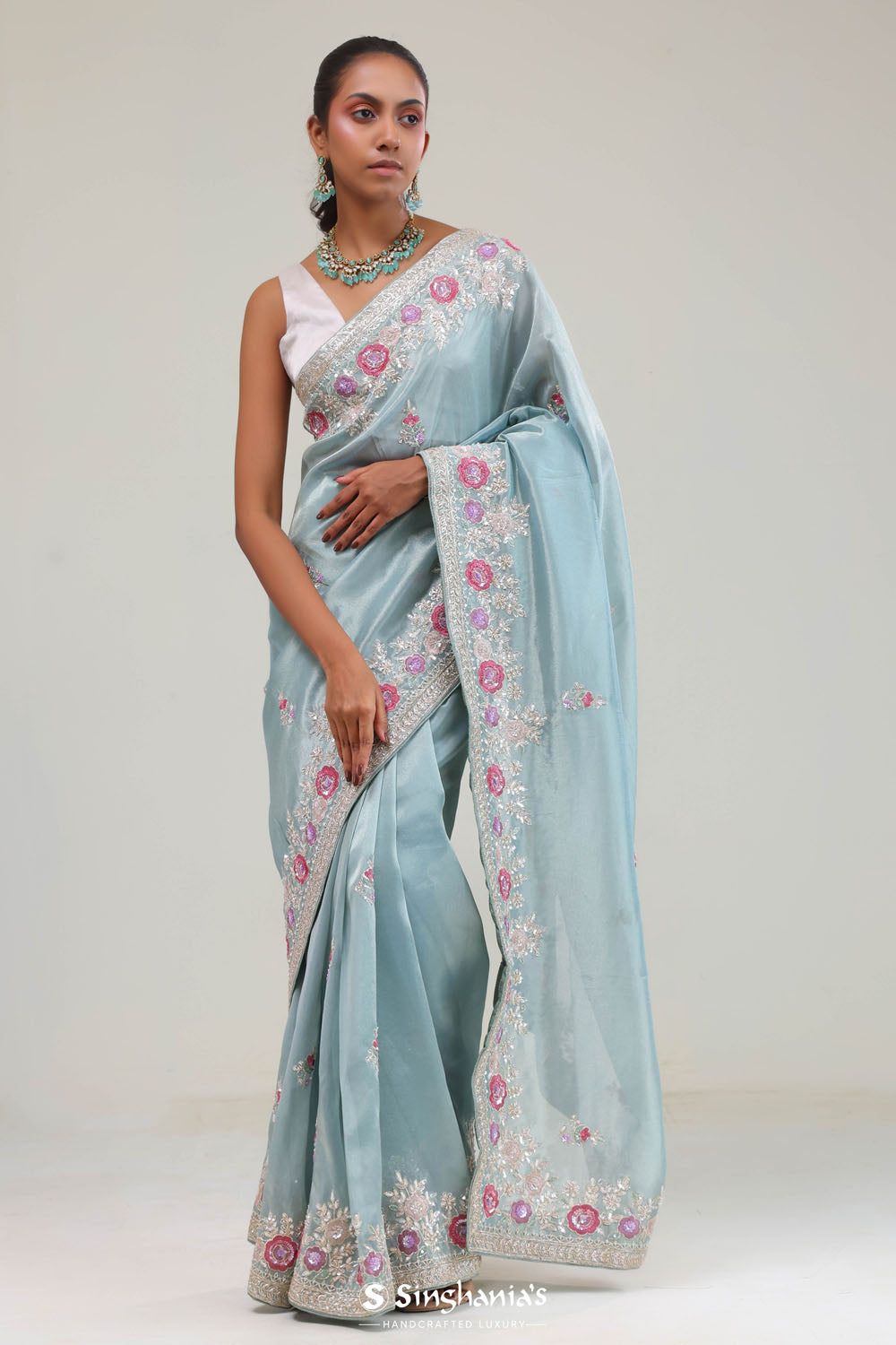 Powder Blue Tissue Saree With Embroidery Border
