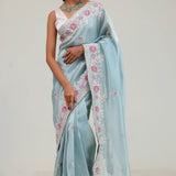 Powder Blue Tissue Saree With Embroidery Border