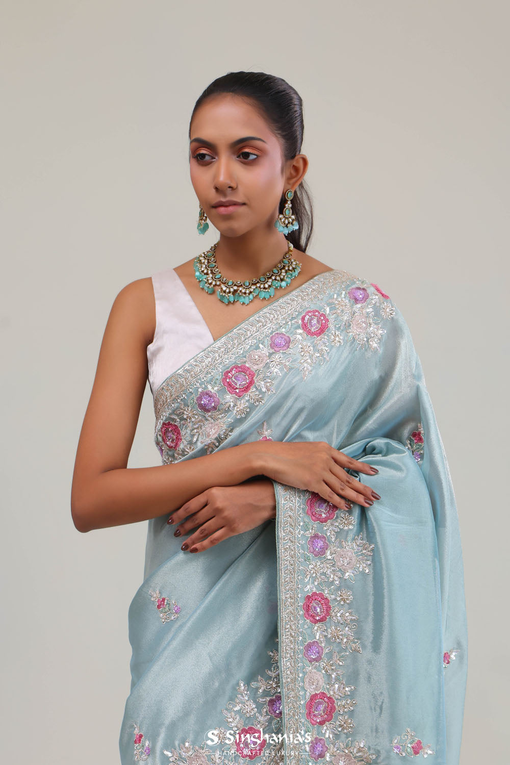 Powder Blue Tissue Saree With Embroidery Border
