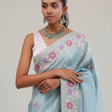 Powder Blue Tissue Saree With Embroidery Border