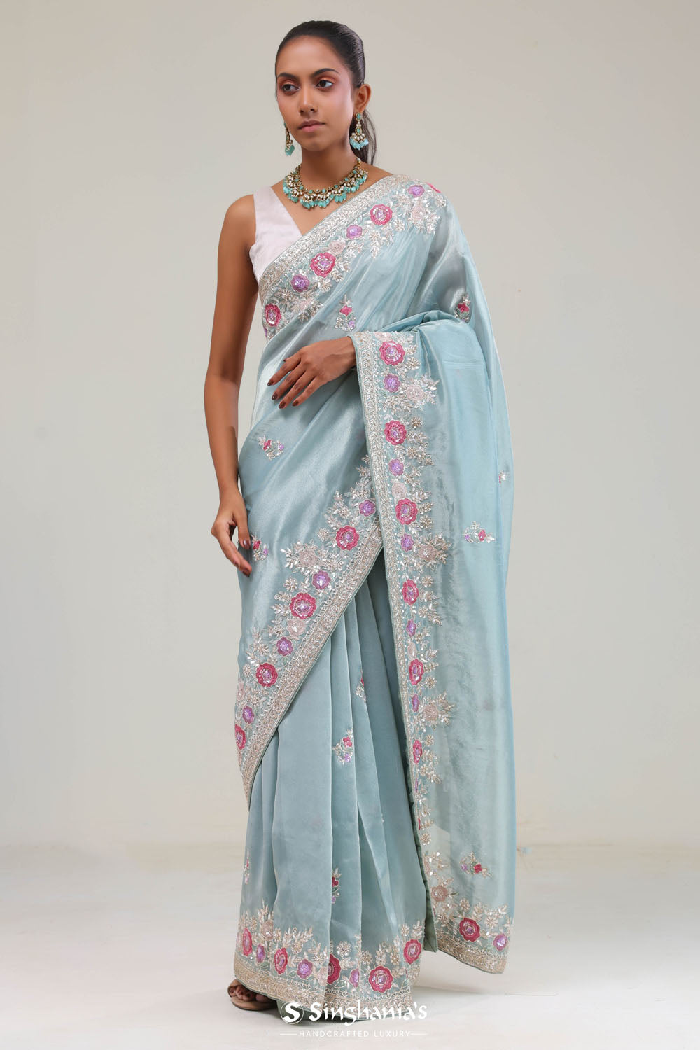 Powder Blue Tissue Saree With Embroidery Border