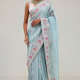 Powder Blue Tissue Saree With Embroidery Border