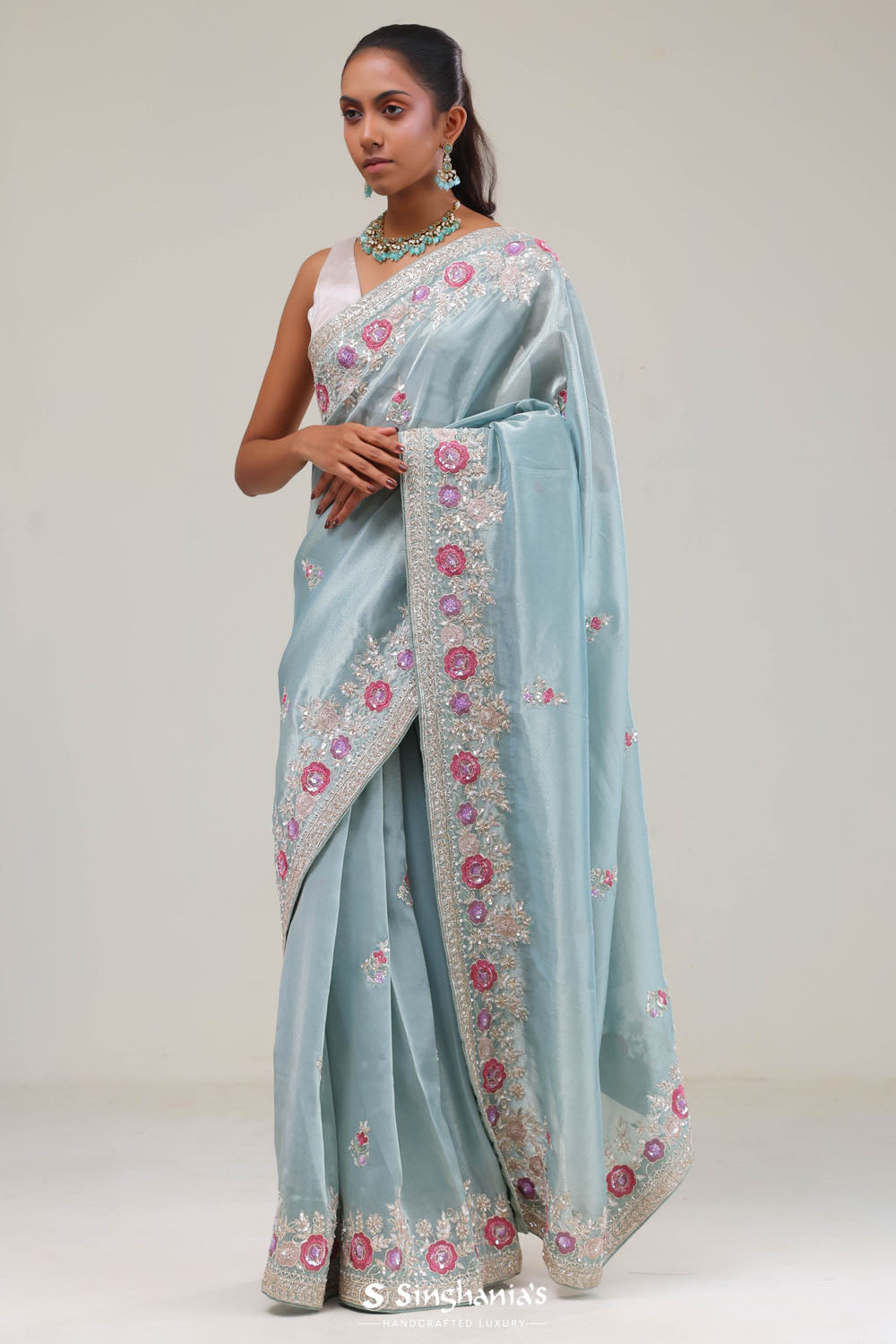 Powder Blue Tissue Saree With Embroidery Border