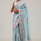 Powder Blue Tissue Saree With Embroidery Border