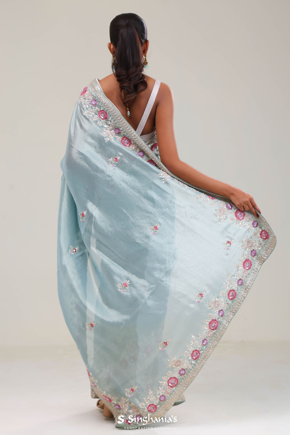 Powder Blue Tissue Saree With Embroidery Border