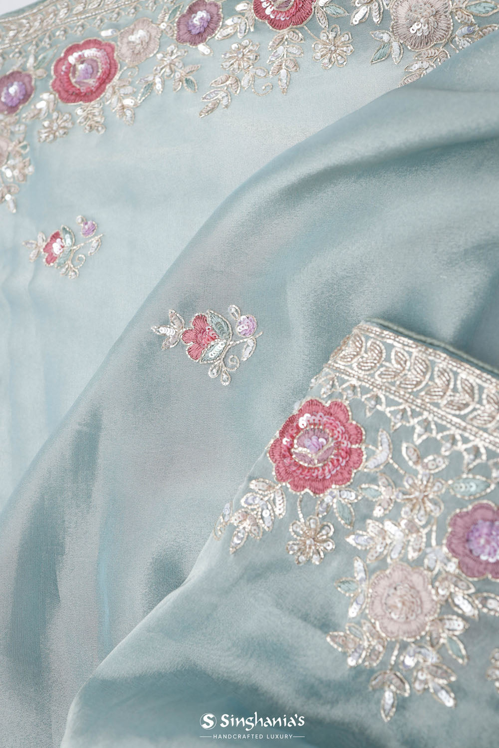 Powder Blue Tissue Saree With Embroidery Border