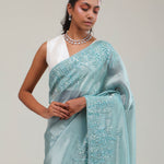 Light Turquoise Tissue Saree With Embroidery Detail