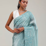 Light Turquoise Tissue Saree With Embroidery Detail