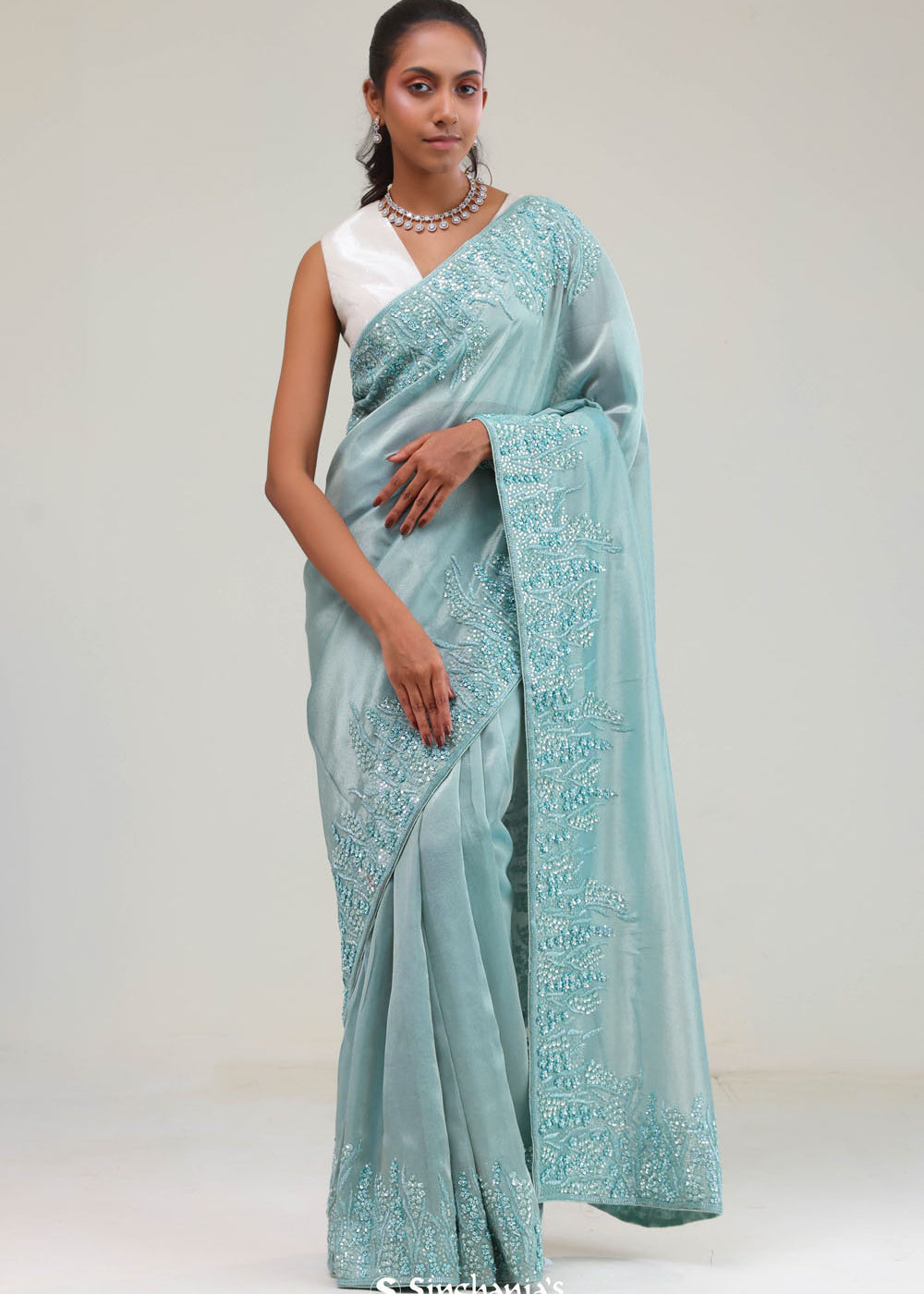 Light Turquoise Tissue Saree With Embroidery Detail