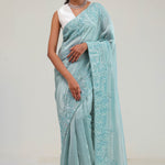 Light Turquoise Tissue Saree With Embroidery Detail