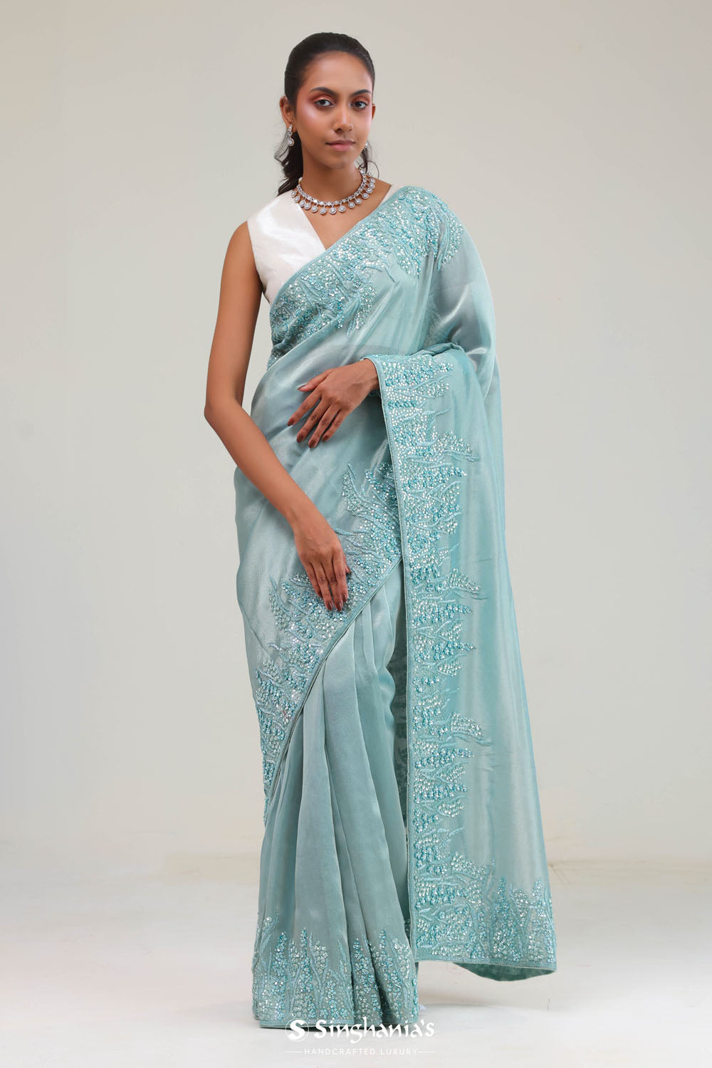 Light Turquoise Tissue Saree With Embroidery Detail