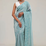 Light Turquoise Tissue Saree With Embroidery Detail