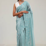 Light Turquoise Tissue Saree With Embroidery Detail