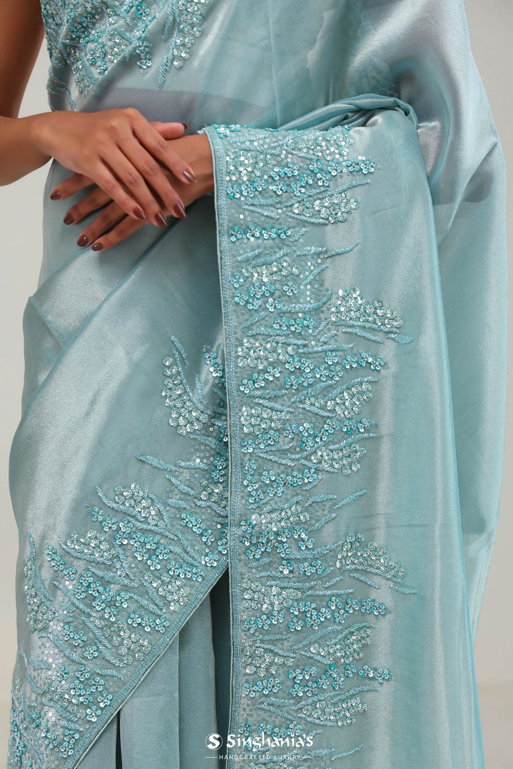Light Turquoise Tissue Saree With Embroidery Detail