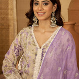 Lilac Floral Print Organza Kurti Set