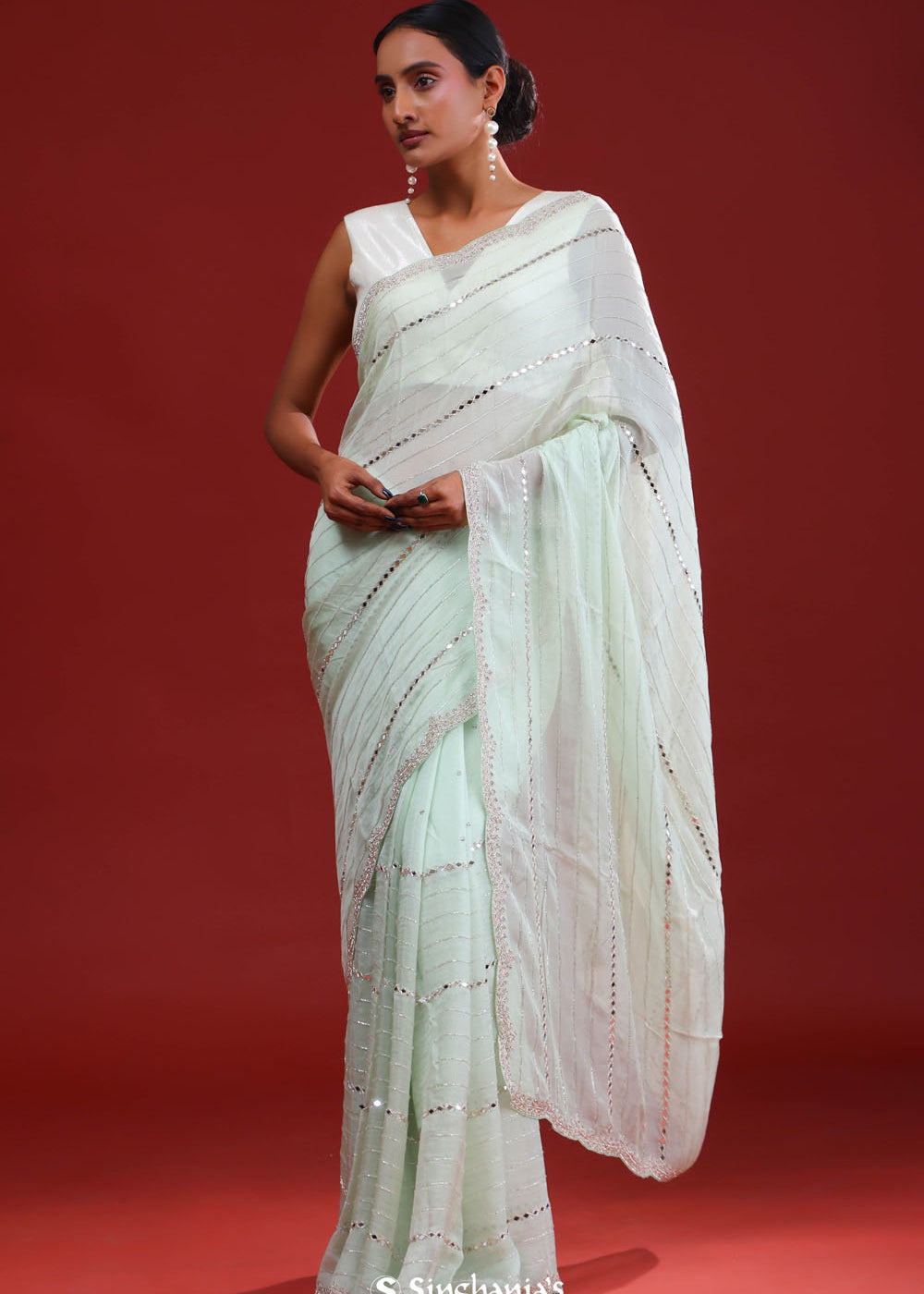 Pale Mint Crafted Organza Saree