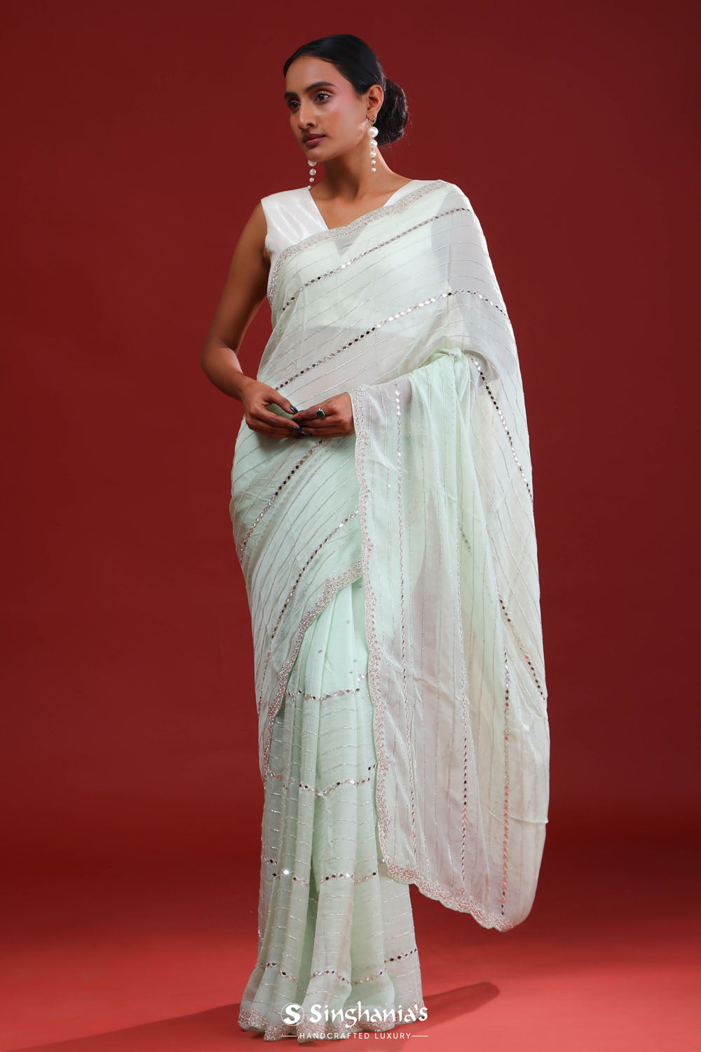 Pale Mint Crafted Organza Saree