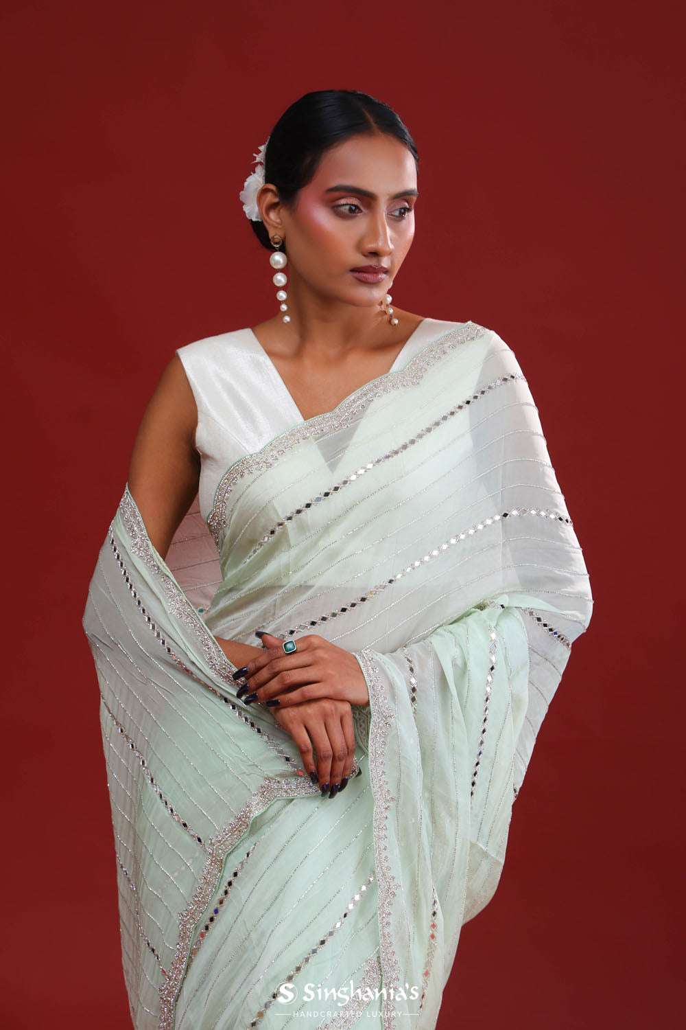 Pale Mint Crafted Organza Saree