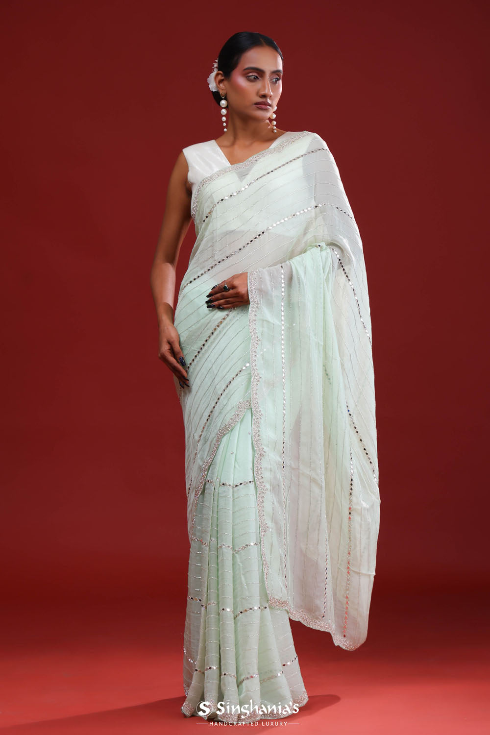 Pale Mint Crafted Organza Saree