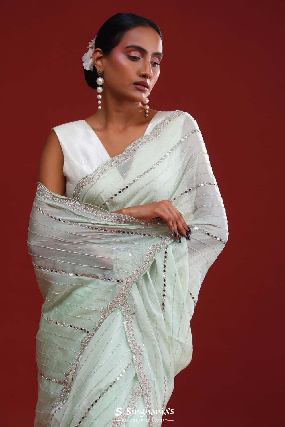 Pale Mint Crafted Organza Saree